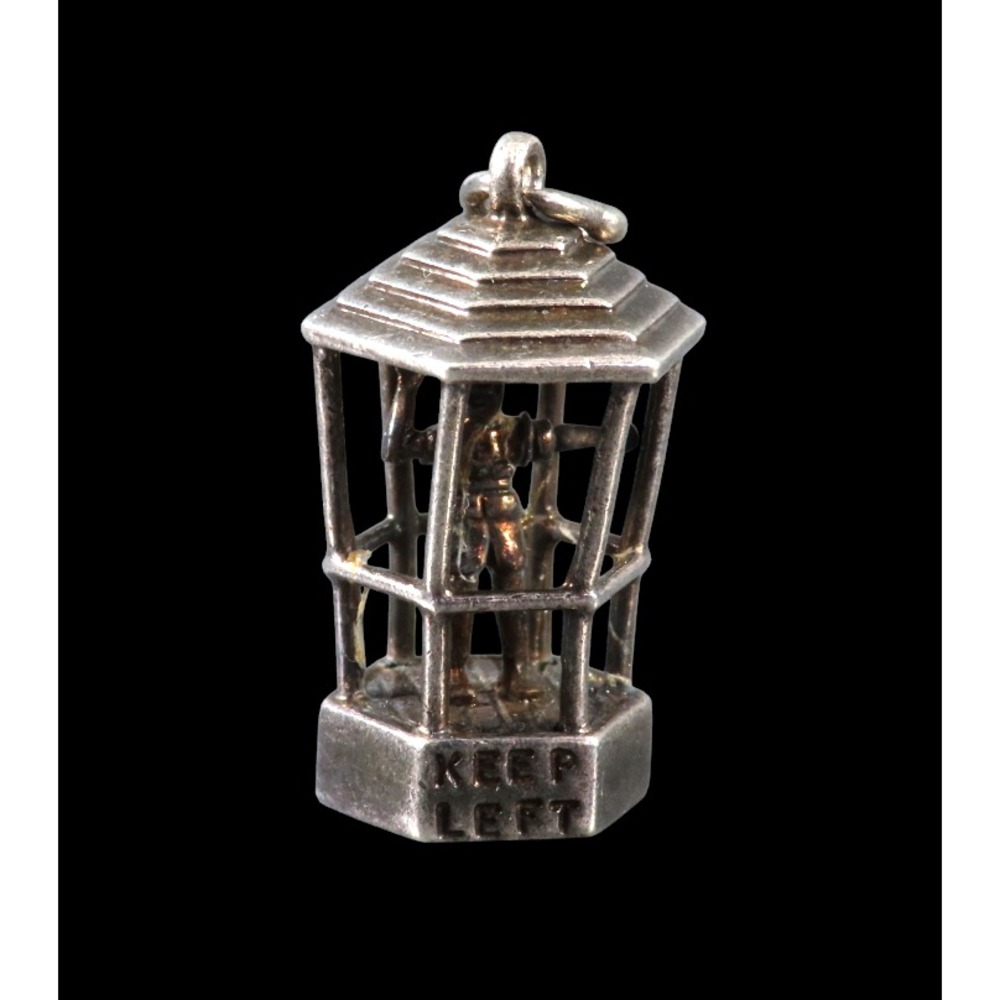 VTG Sterling Silver Charm Pendant KEEP LEFT TRAFFIC COP BOBBY in a Bird Cage HTF